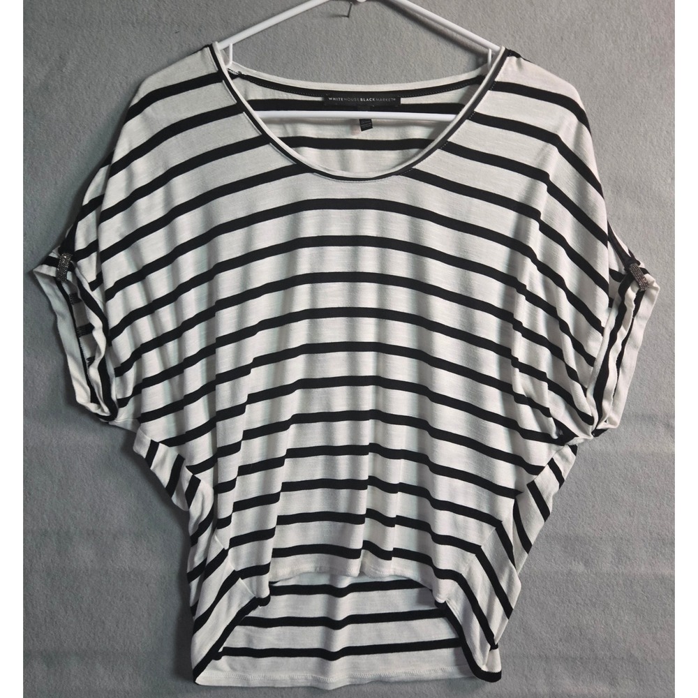 White House Black Market Striped‎ Batwing Top Black White Beaded Shoulder XSP